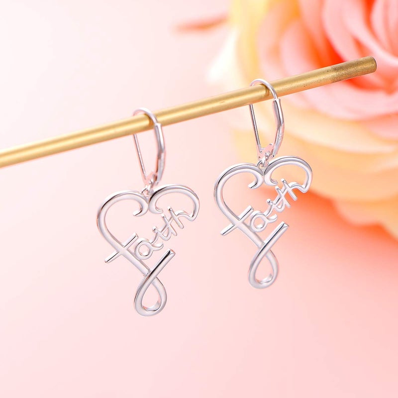 DAOCHONG S925 Sterling Silver Word Calligraphy Jewelry Faith Inspirational Message Charm Love Heart Dangle Drop Hoop Earring for Women - Image 3